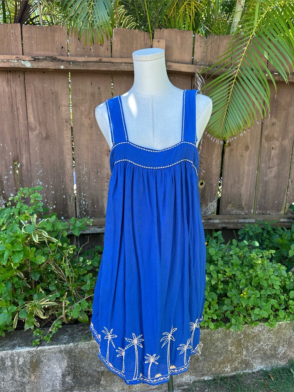 Blue Gauzy Embroidered Palm Print Dress